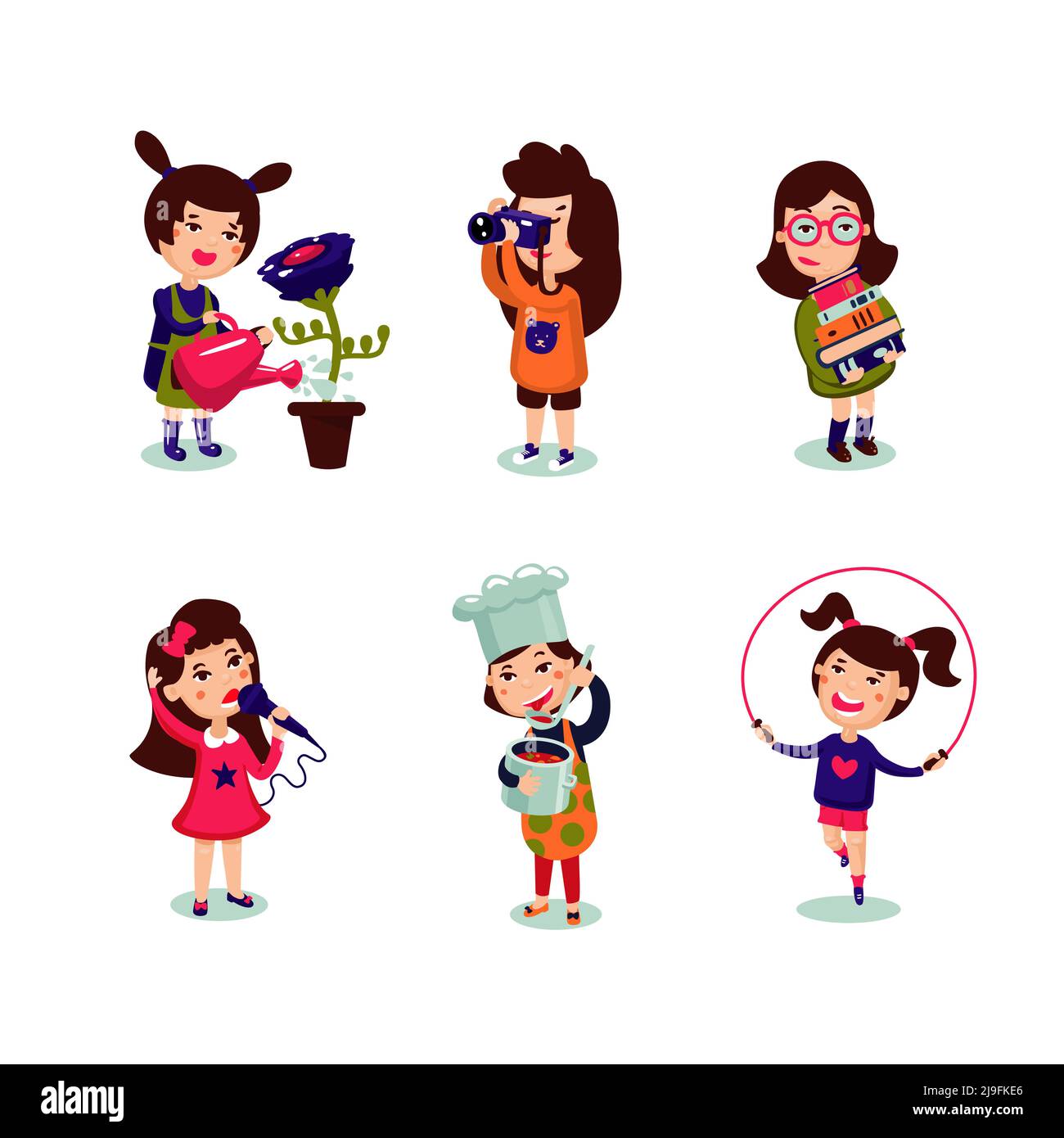 Girls interests set with gardening photo musical cooking and sport hobbies isolated vector illustration Stock Vector