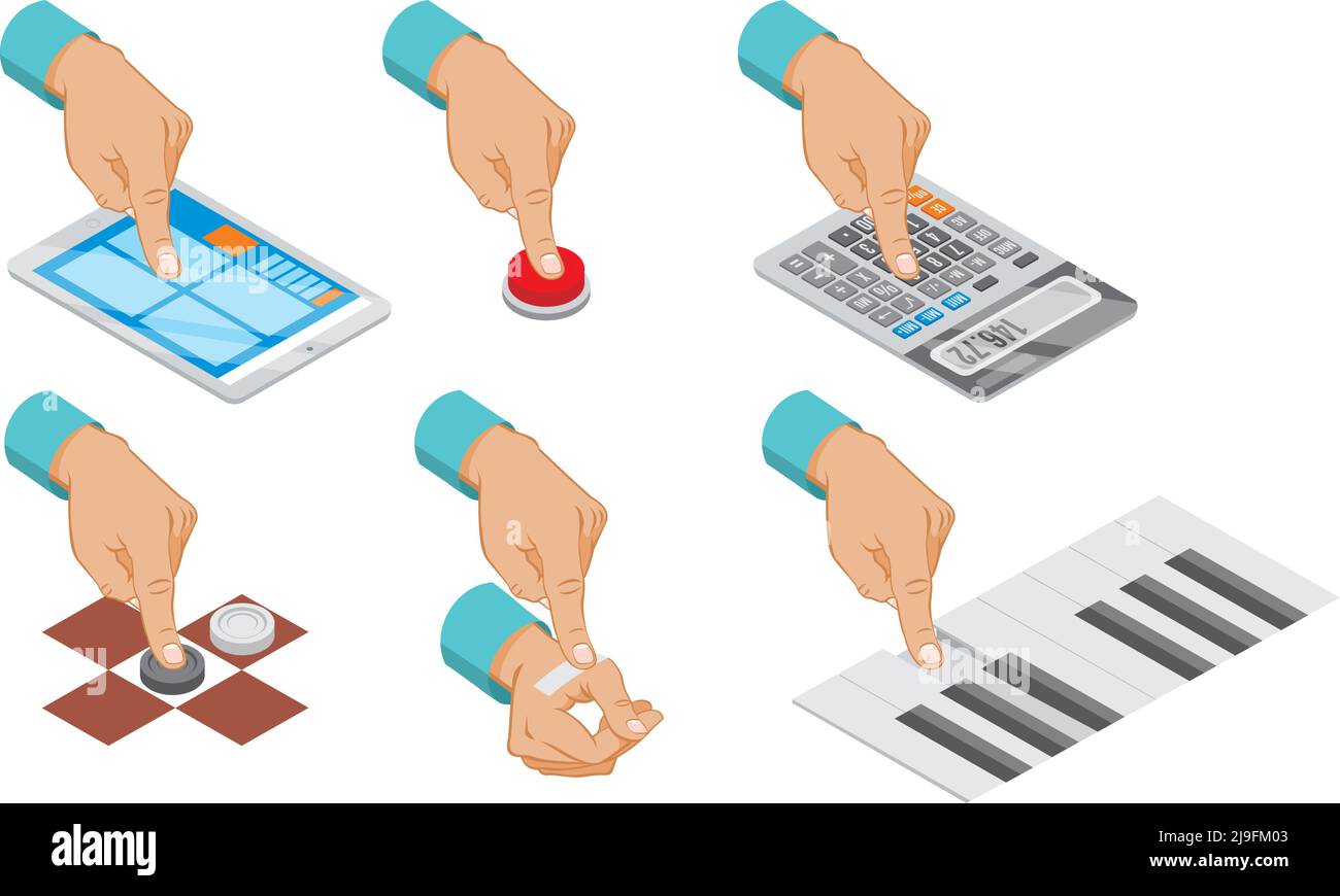 Isometric hand indicates gesture set with button press tablet touch ...