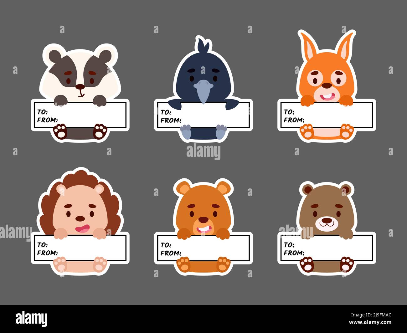 Sticky labels set of squirrel, badger, hedgehog, otter, beaver, raven. Cute cartoon animal tags for notepad, memo pad, flag marker for office school, Stock Vector