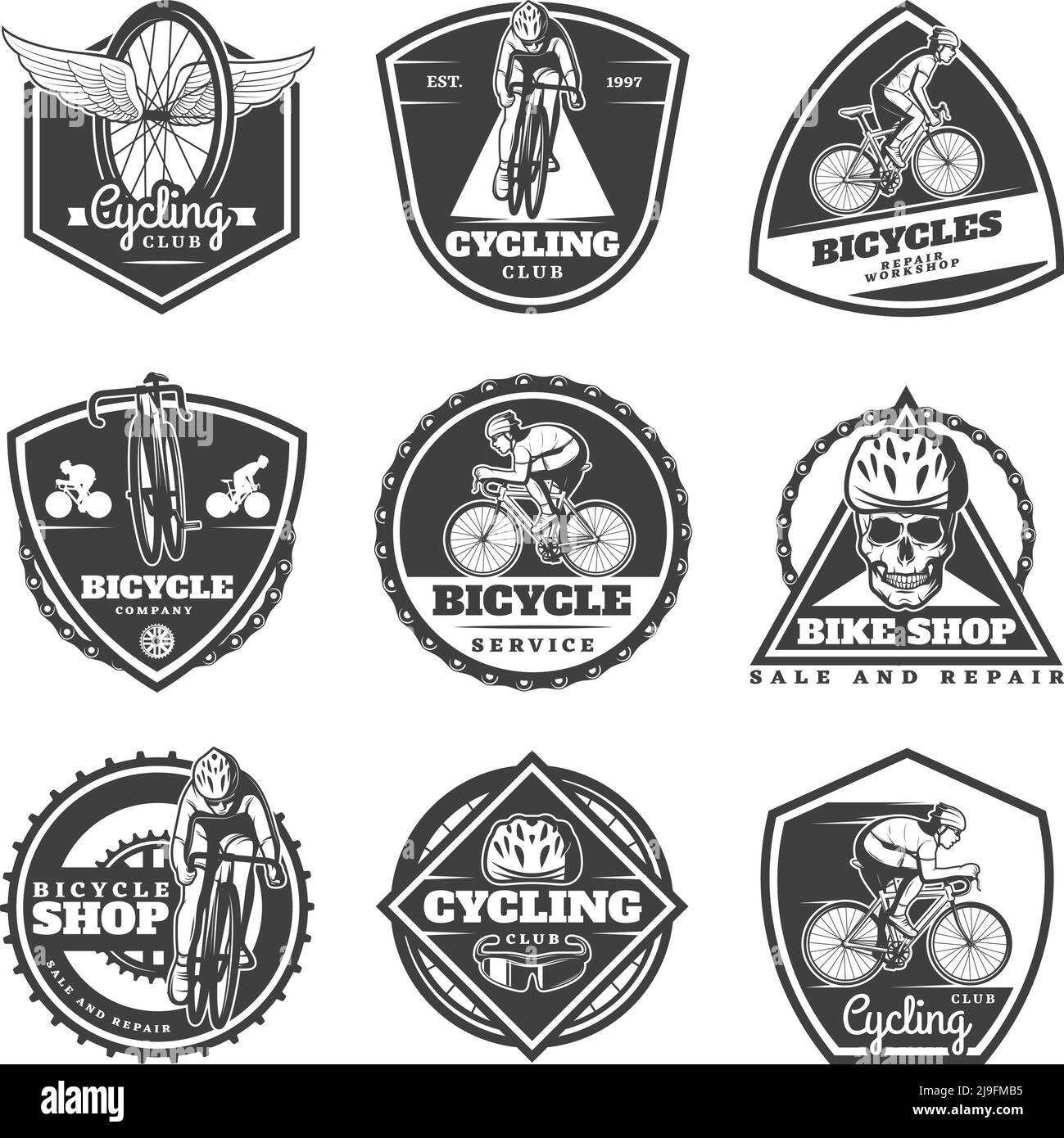 Monochrome cycling labels set with cyclists riding bikes sport