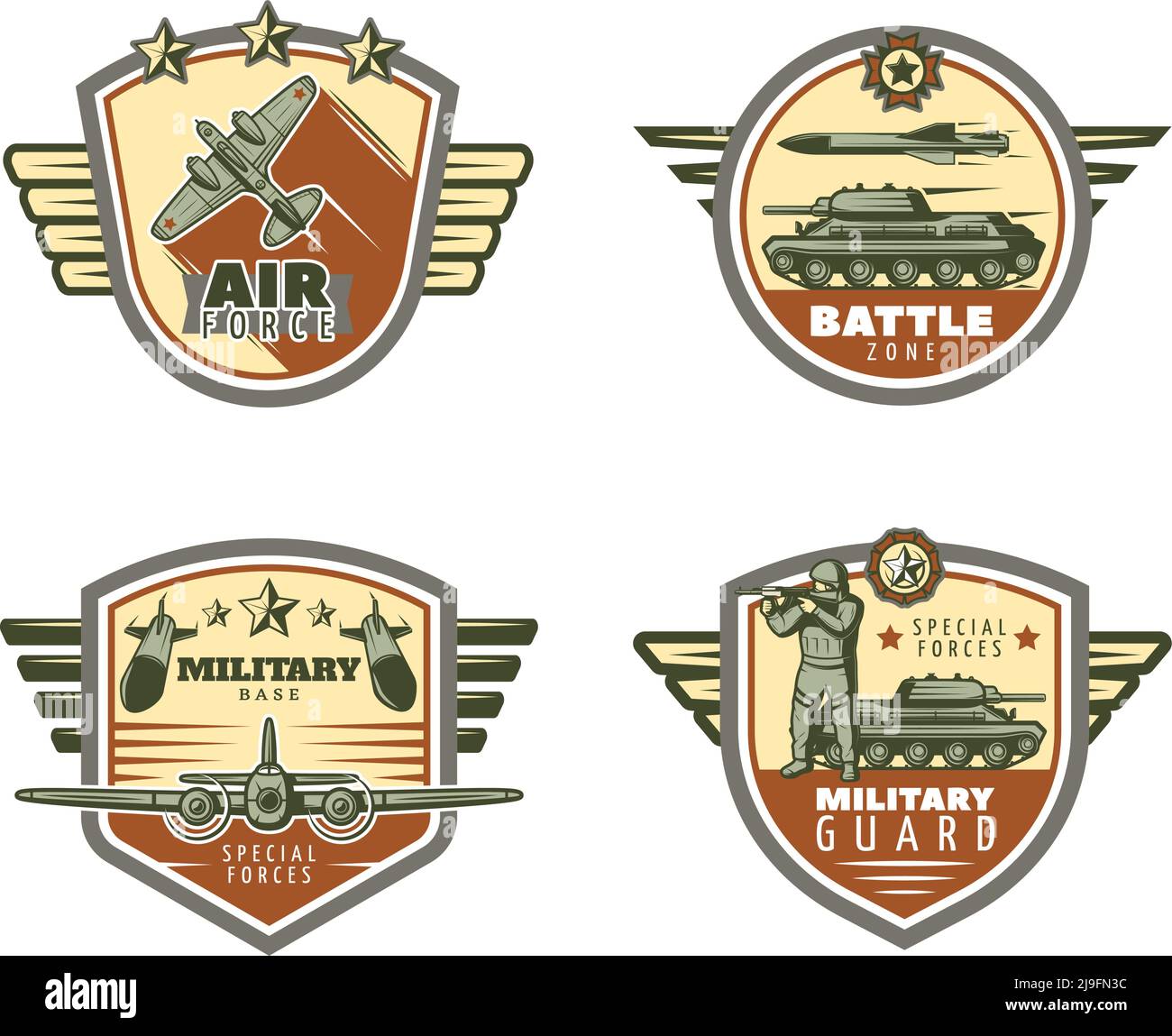 Colored vintage military emblems set with air and ground force rockets missiles soldier isolated vector illustration Stock Vector