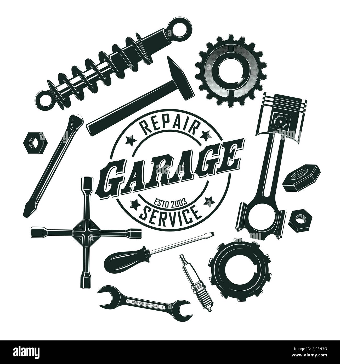 Monochrome vintage garage tools round concept with mechanic and repair