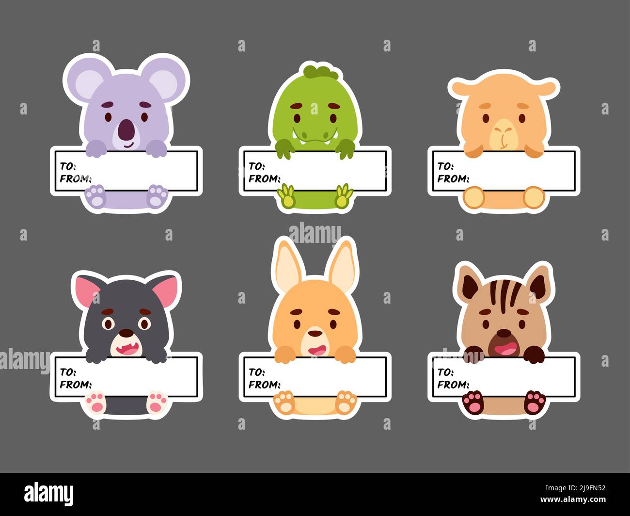 Sticky labels set of koala, kangaroo, crocodile, hyena, Tasmanian devil, camel. Cute animal tags for notepad, memo pad, flag marker for office school, Stock Vector