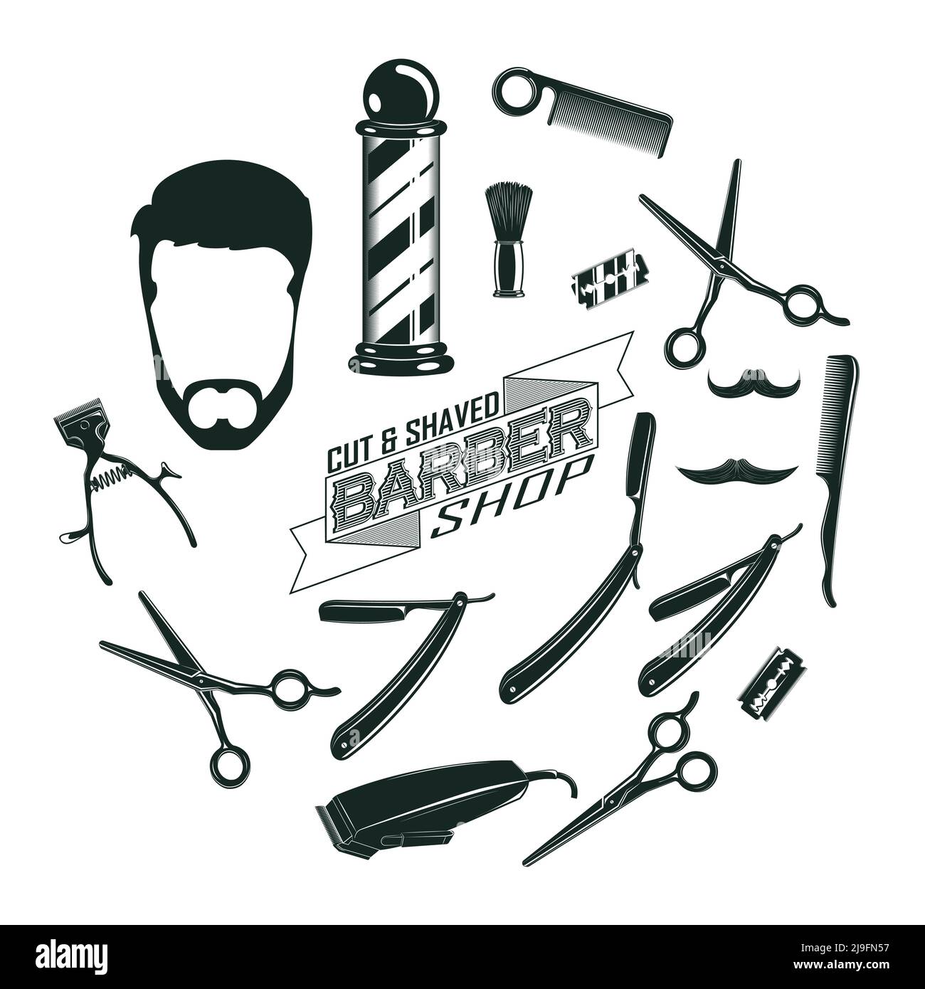 Monochrome vintage barber shop elements concept with hipster head ...