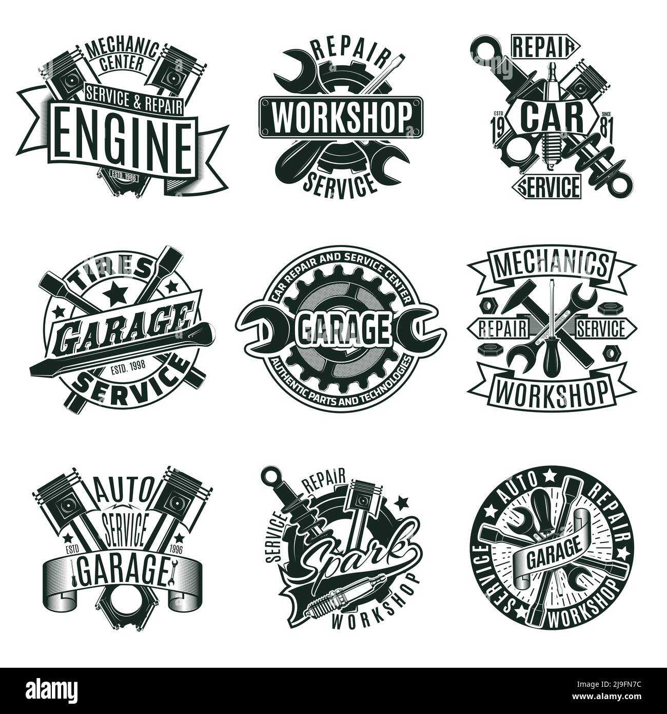 Monochrome car repair service logos set with mechanic tools and ...