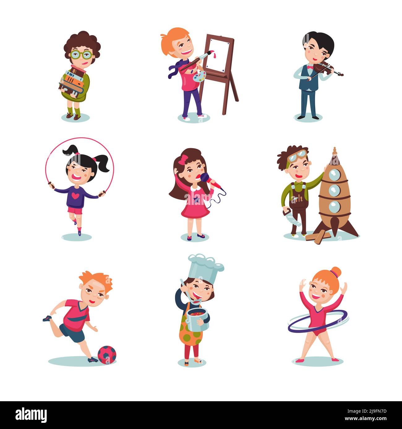 Children hobbies set with music painting sport cooking and designing interests isolated vector illustration Stock Vector