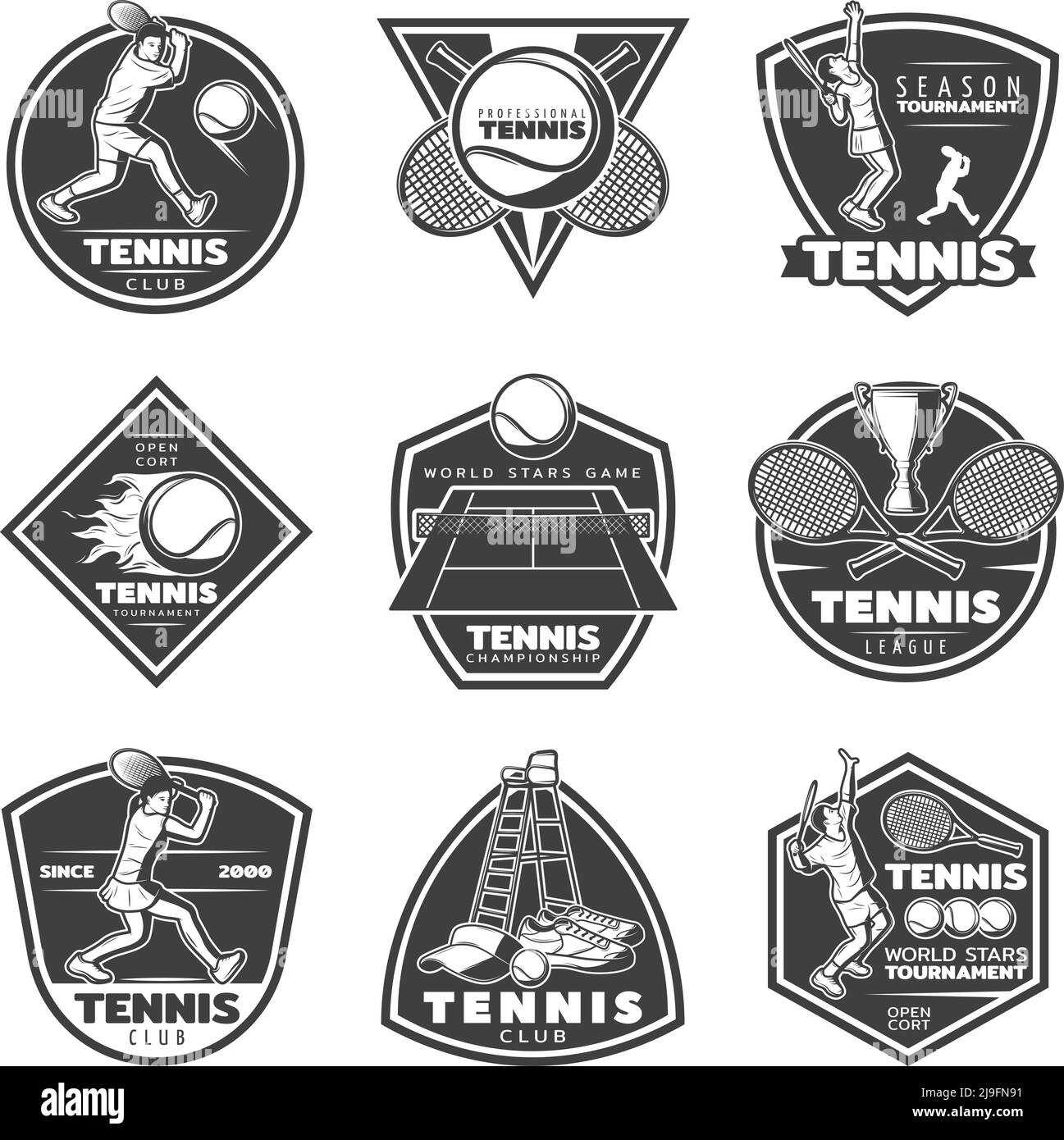 Monochrome vintage tennis labels set with players sport equipment court