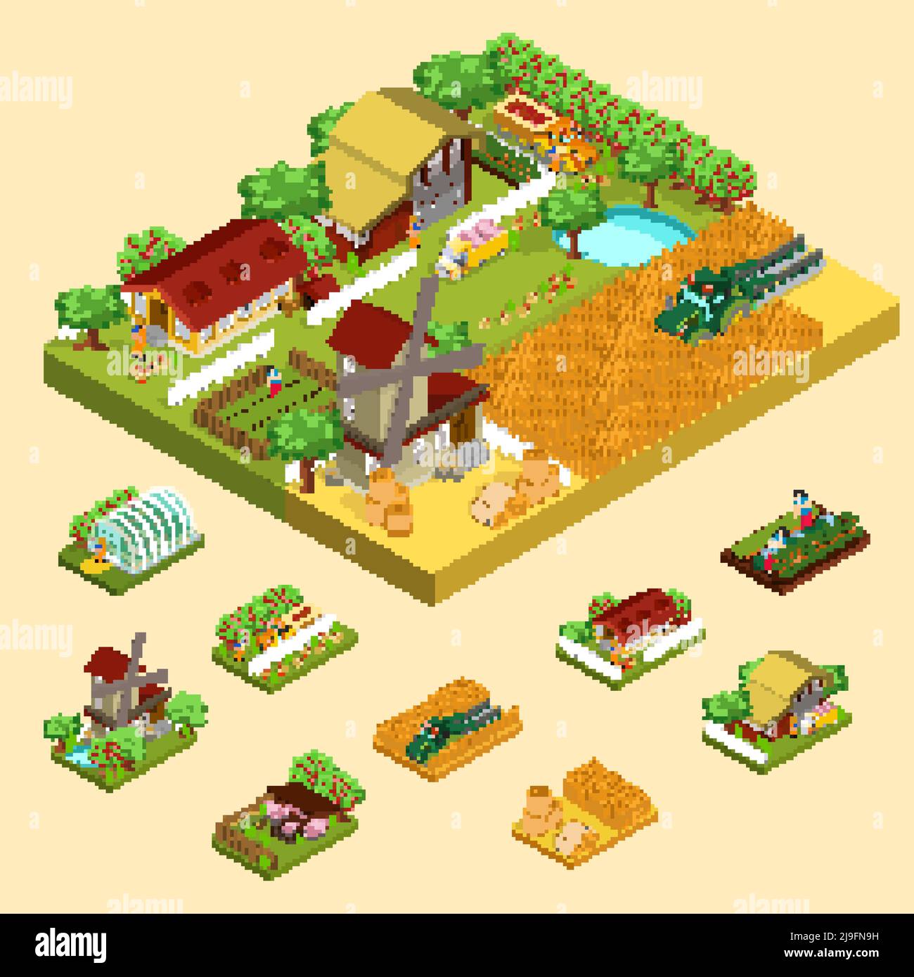 Isometric agricultural concept with farm building barn mill farmers greenhouse hay animals apple vegetables cereal harvesting isolated vector illustra Stock Vector