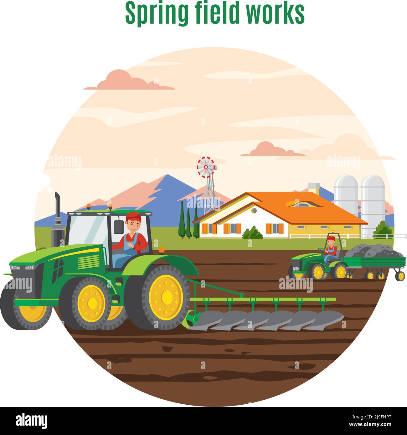 Hobby Farm Graphics Colorful agriculture and farming concept with harvesting vehicles house ...