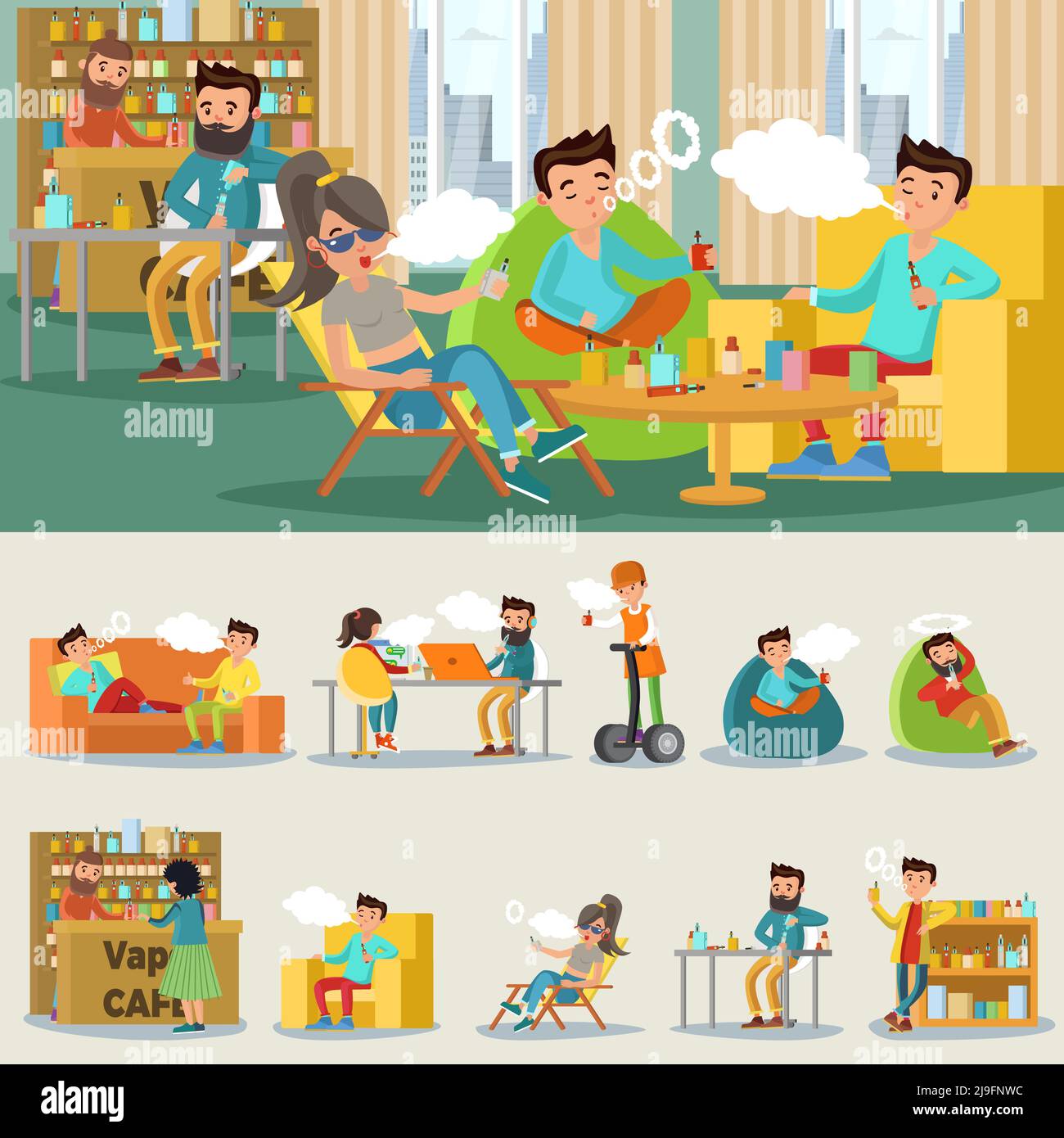 Colorful vape cafe concept with people smoking electronic cigarettes in  different positions isolated vector illustration Stock Vector Image & Art -  Alamy