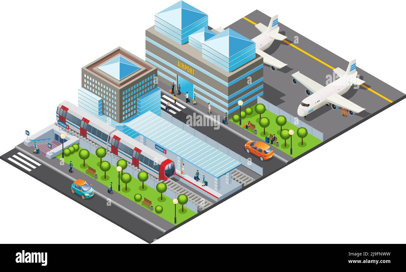 Isometric public transport template with airport building airplanes metro station train cars trees and passengers isolated vector illustration Stock Vector