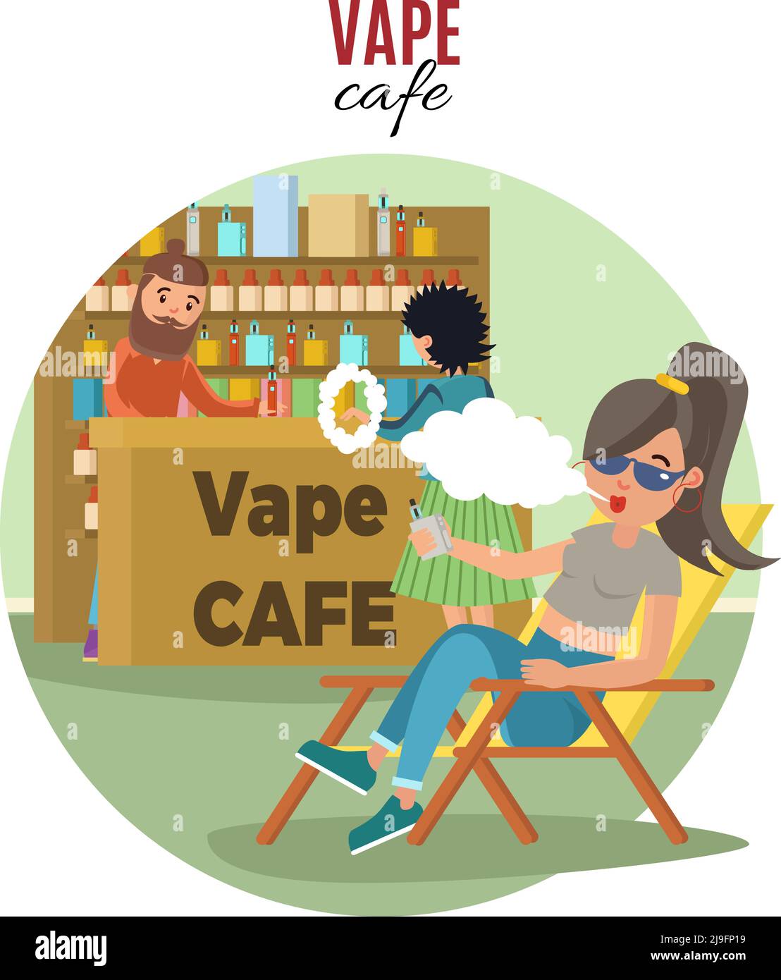 People in vape cafe template with different accessories for using and hipster girl smoking electronic cigarette vector illustration Stock Vector