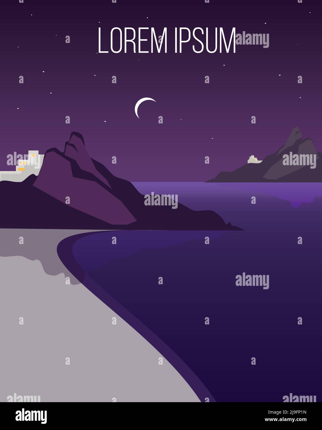 Flat night coast landscape template with sea land mountains stars and ...