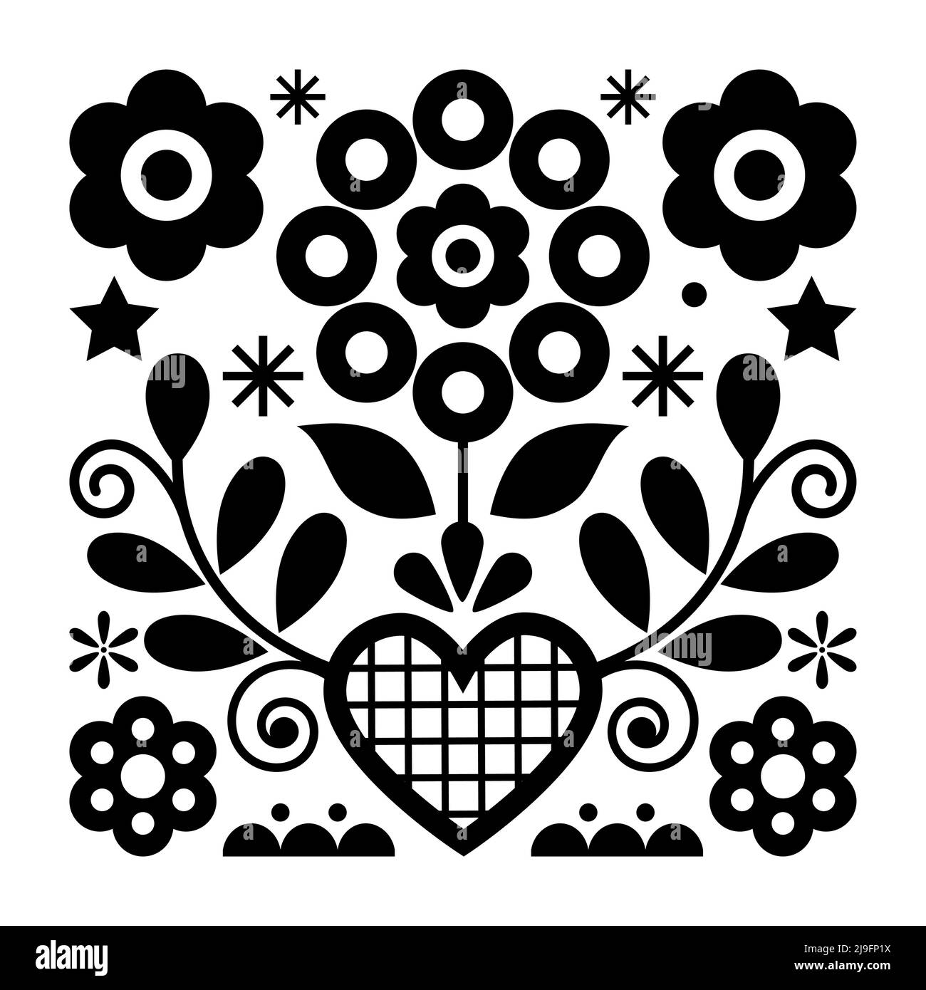 Folk art vector design with flowers and heart from Nowy Sacz in Poland inspired by traditional highlanders embroidery Lachy Sadeckie in black and whit Stock Vector