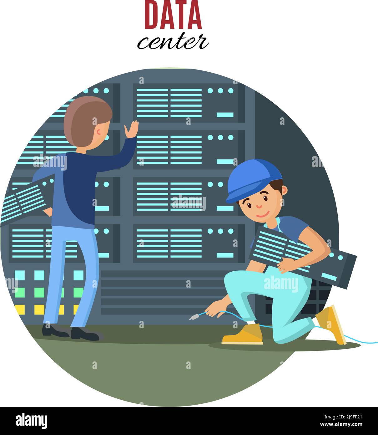 Digital technologic concept with engineers connecting and checking cloud servers in data center vector illustration Stock Vector
