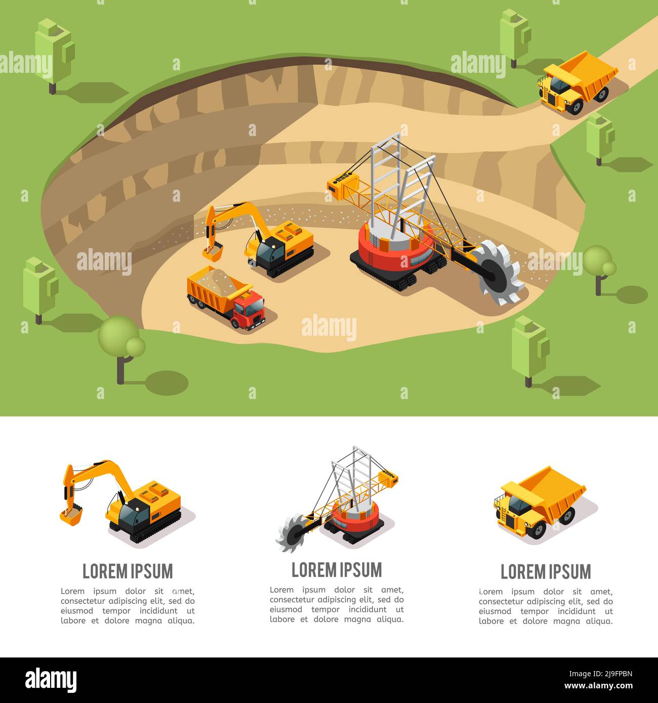 Colorful isometric coal extraction composition with quarry machine ...