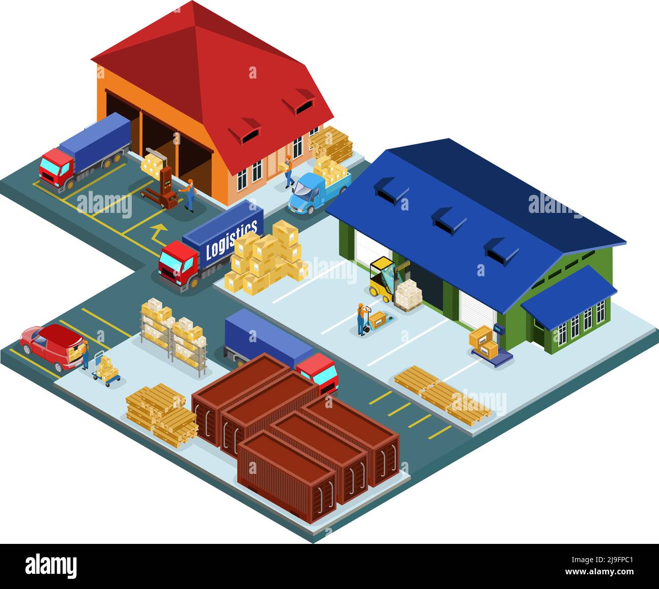 Isometric warehouse area concept with workers and transport involved in ...