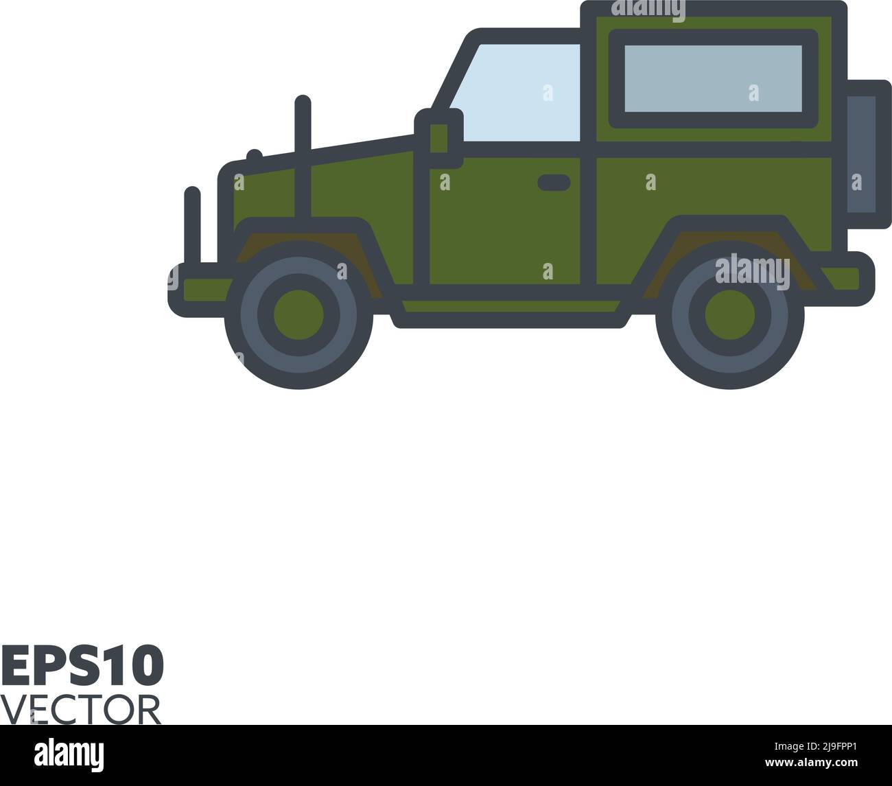 Offroad vehicle vector line icon with color fill. Military four-wheel-drive color symbol. Stock Vector
