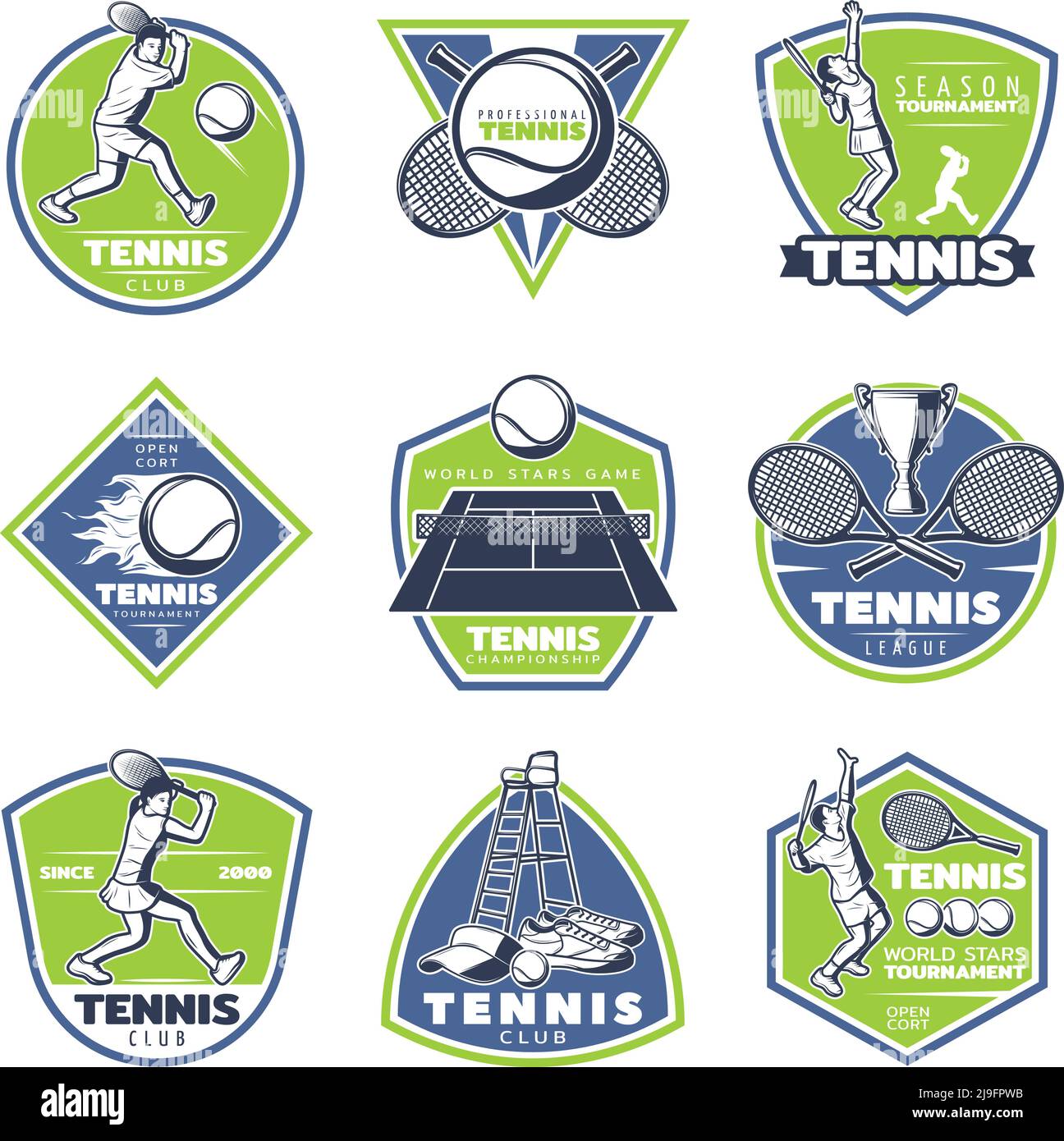 Colored vintage tennis emblems set with players rackets balls cup open court clothes judge chair isolated vector illustration Stock Vector