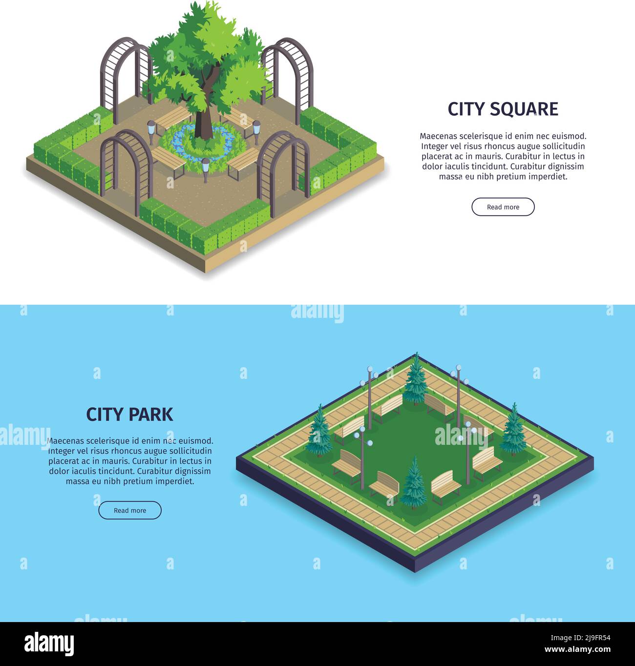 Set of two isometric city park horizontal banners with buttons text and ...