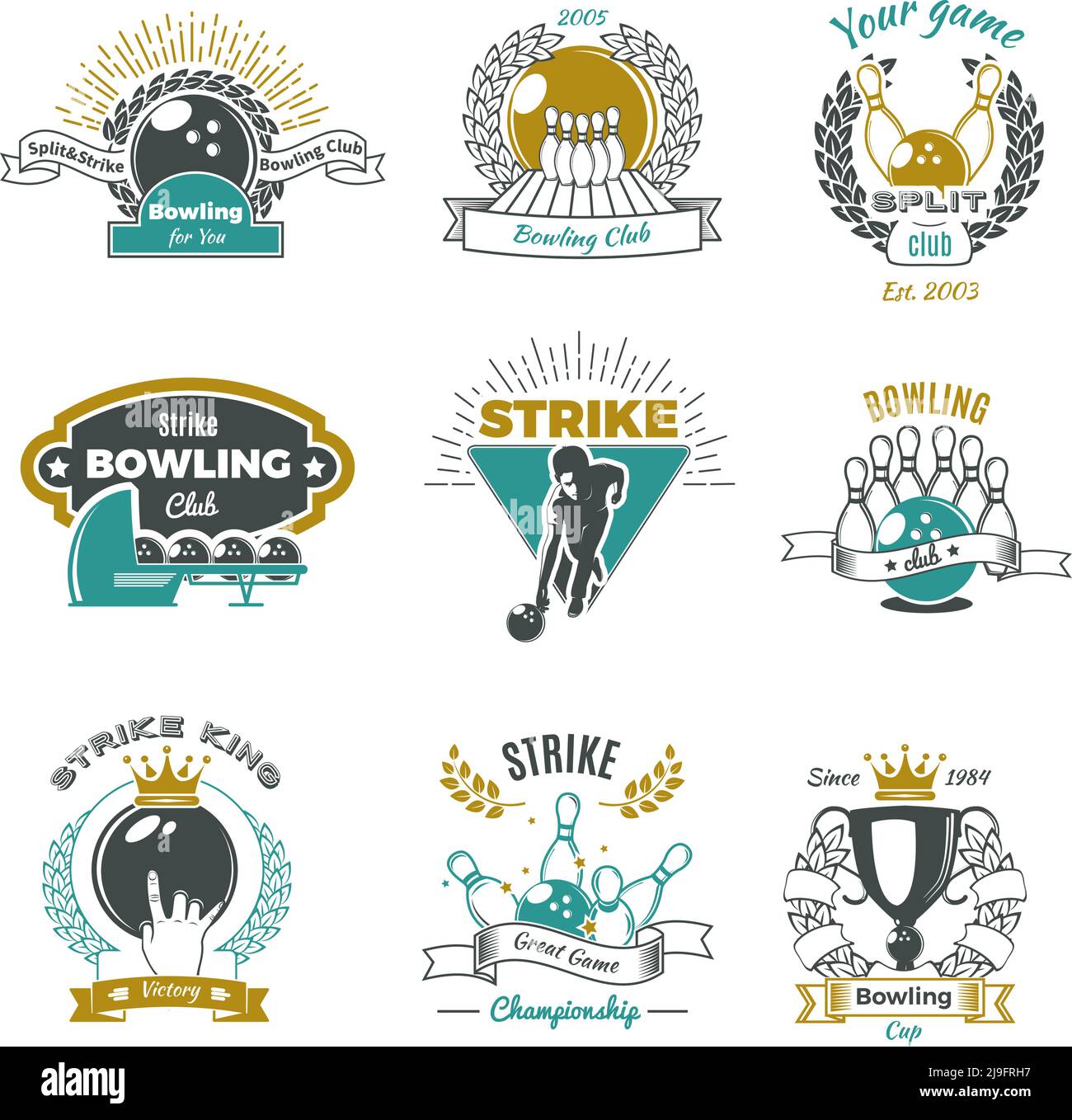 Bowling clubs vintage style logos with player and game equipment ribbons and laurel wreaths isolated vector illustration Stock Vector