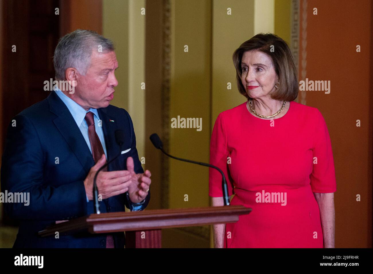 Abdullah II bin AlHussein of Jordan, left, offers remarks as he meets