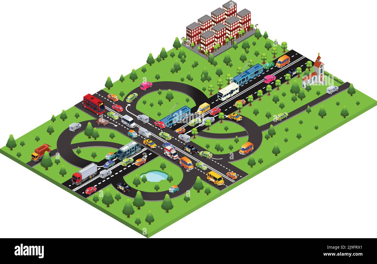 Isometric highway traffic template with automobiles buses trolleybuses taxi ambulance police cars moving on road isolated vector illustration Stock Vector