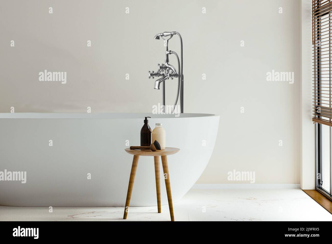 Jacuzzi, white deep jacuzzi in front of the window, massage shampoo on wooden coffee table