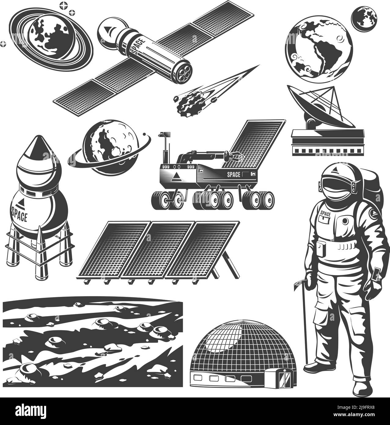 Vintage space elements collection with spaceships radar astronaut lunar rover solar panels meteor planets Mars surface landscape isolated vector illus Stock Vector