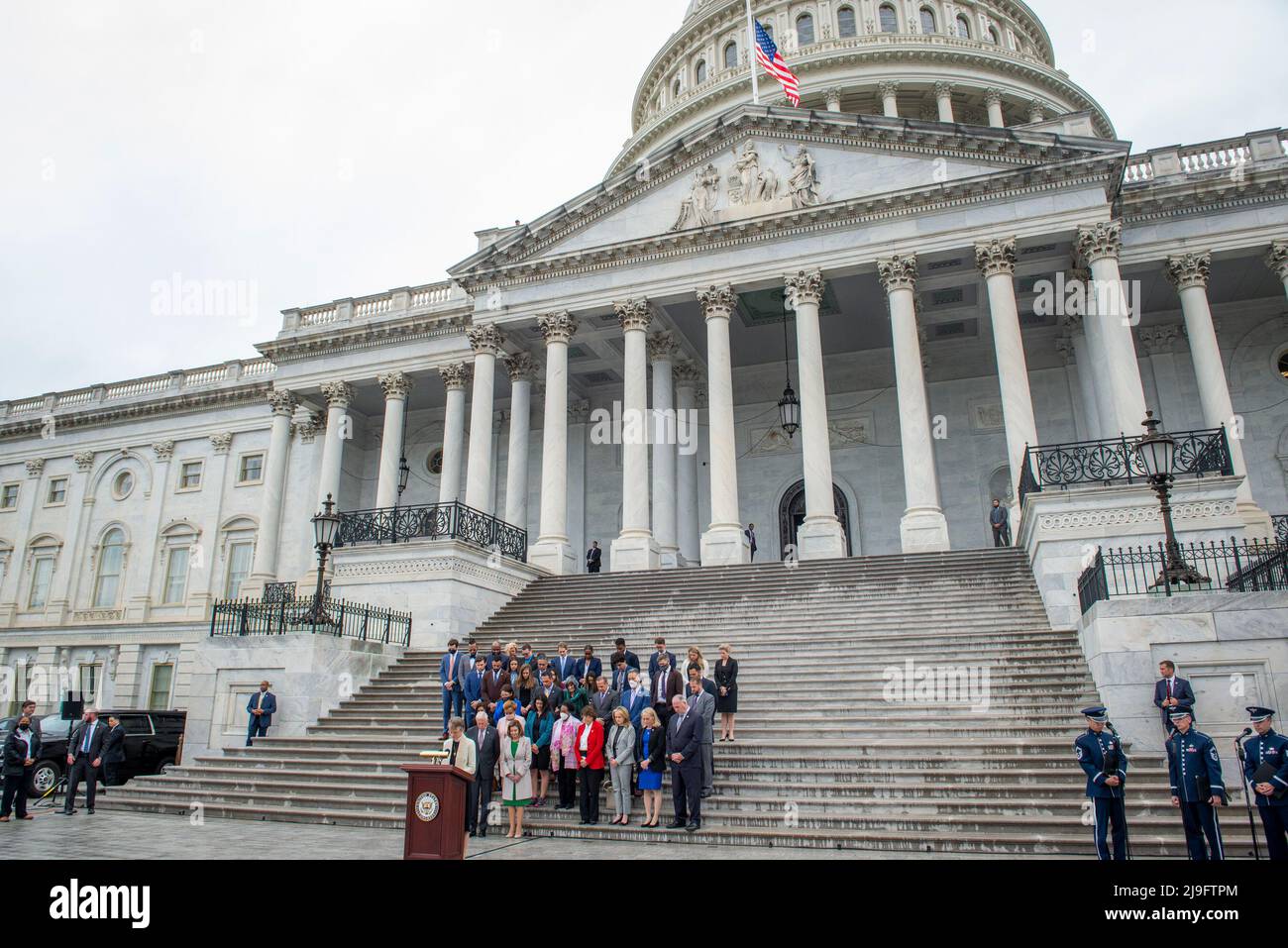 Bishop Mariann Edgar Budde of the Episcopal Diocese of Washington leads Democratic members of the House of Representatives in prayer during a Moment of Silence for the One Million American Lives Lost to COVID-19, on the East Front Center Steps at the US Capitol in Washington, DC, Thursday, May 12, 2022. Credit: Rod Lamkey/CNP Stock Photo