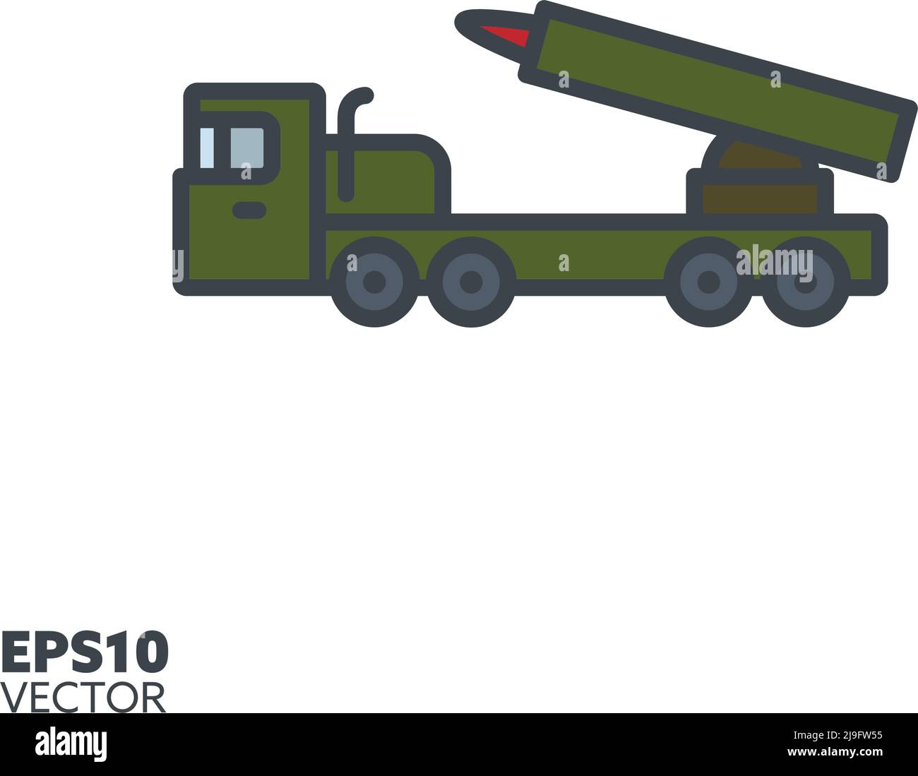 Missile launcher truck vector filled line icon. Military rocket launching vehicle color symbol. Stock Vector