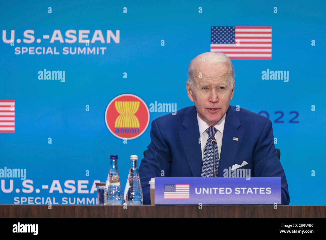 United States President Joe Biden makes remarks as he attends the U.S.-ASEAN Special Summit to commemorate 45 years of U.S.-ASEAN relations and strengthen ASEANs central role in delivering sustainable solutions to the regions most pressing challenges held at the Department of State, Harry S. Truman Building in Washington, DC on May 13, 2022. Credit: Oliver Contreras/Pool via CNP Stock Photo