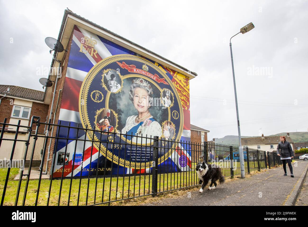 Margaret Meredith walking her dog looks up at the new mural celebrating Queen Elizabeth II's Platinum Jubilee in Rathcoole Housing Estate in Belfast. Stock Photo