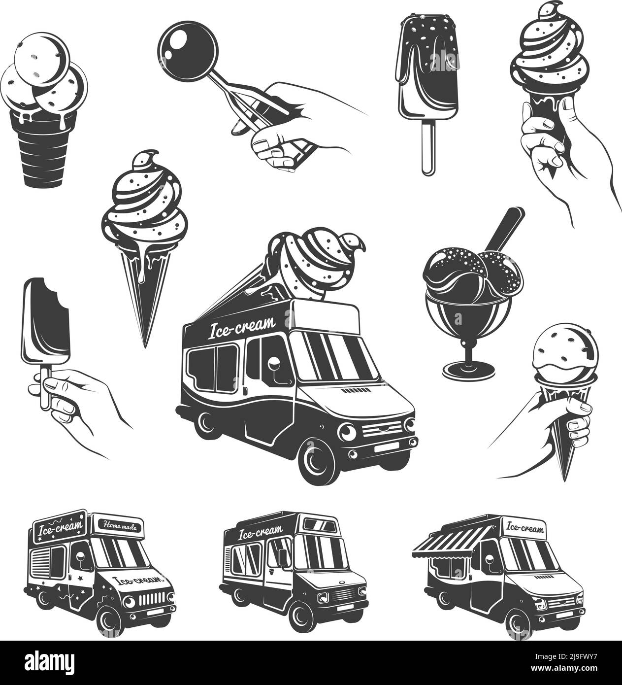 Vintage monochrome ice cream elements set with sundae scoops sweet products in wafer cone and food trucks isolated vector illustration Stock Vector