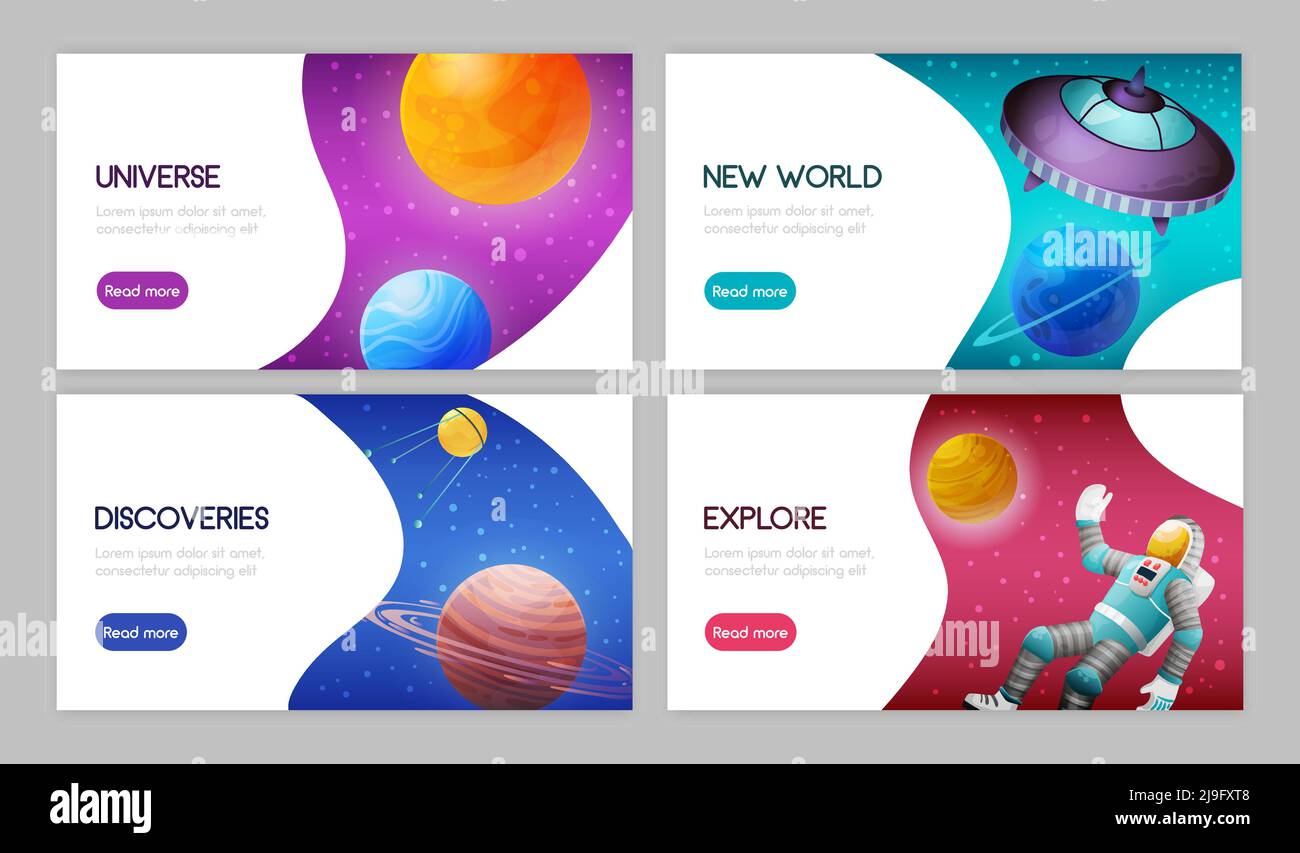 Space science exploration discoveries innovations 4 web horizontal banners design with celestial bodies astronaut spacecraft vector illustration Stock Vector