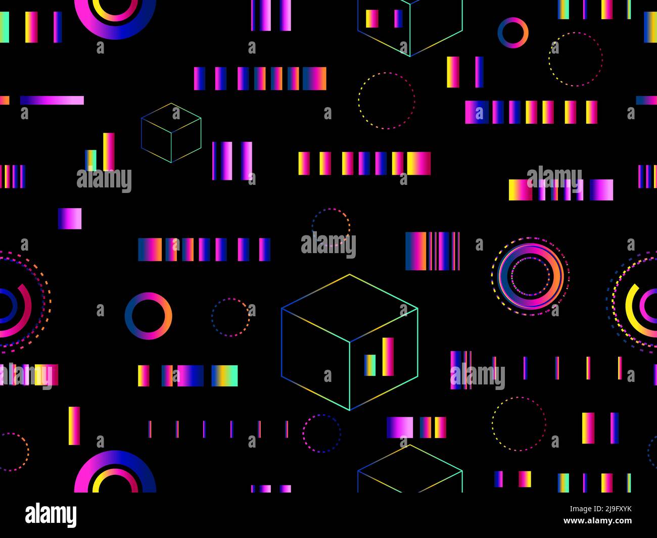 Geometric seamless pattern in cyberpunk style. Gradient futuristic geometric shapes in 80s style. Synthwave and retrowave design for banners, promotio Stock Vector