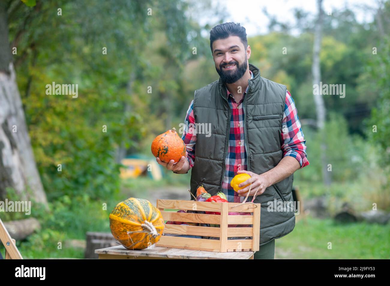 Farmer in plaid shirt sorting vegetables and looking positive Stock Photo