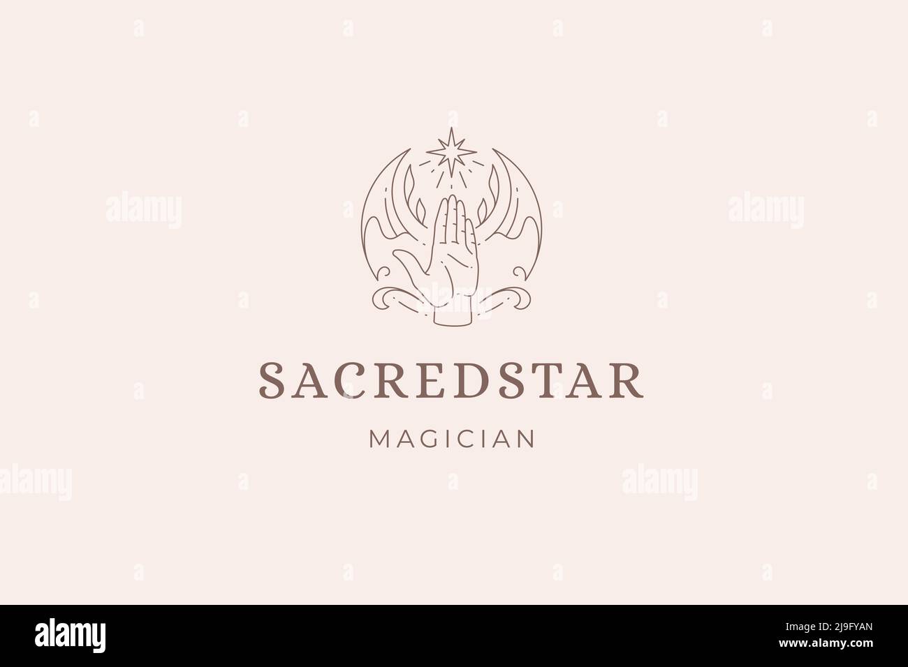 Magic vertical human hand open palm with half moon and bright shining star botany design line art logo vector illustration. Esoteric mystery spiritual Stock Vector