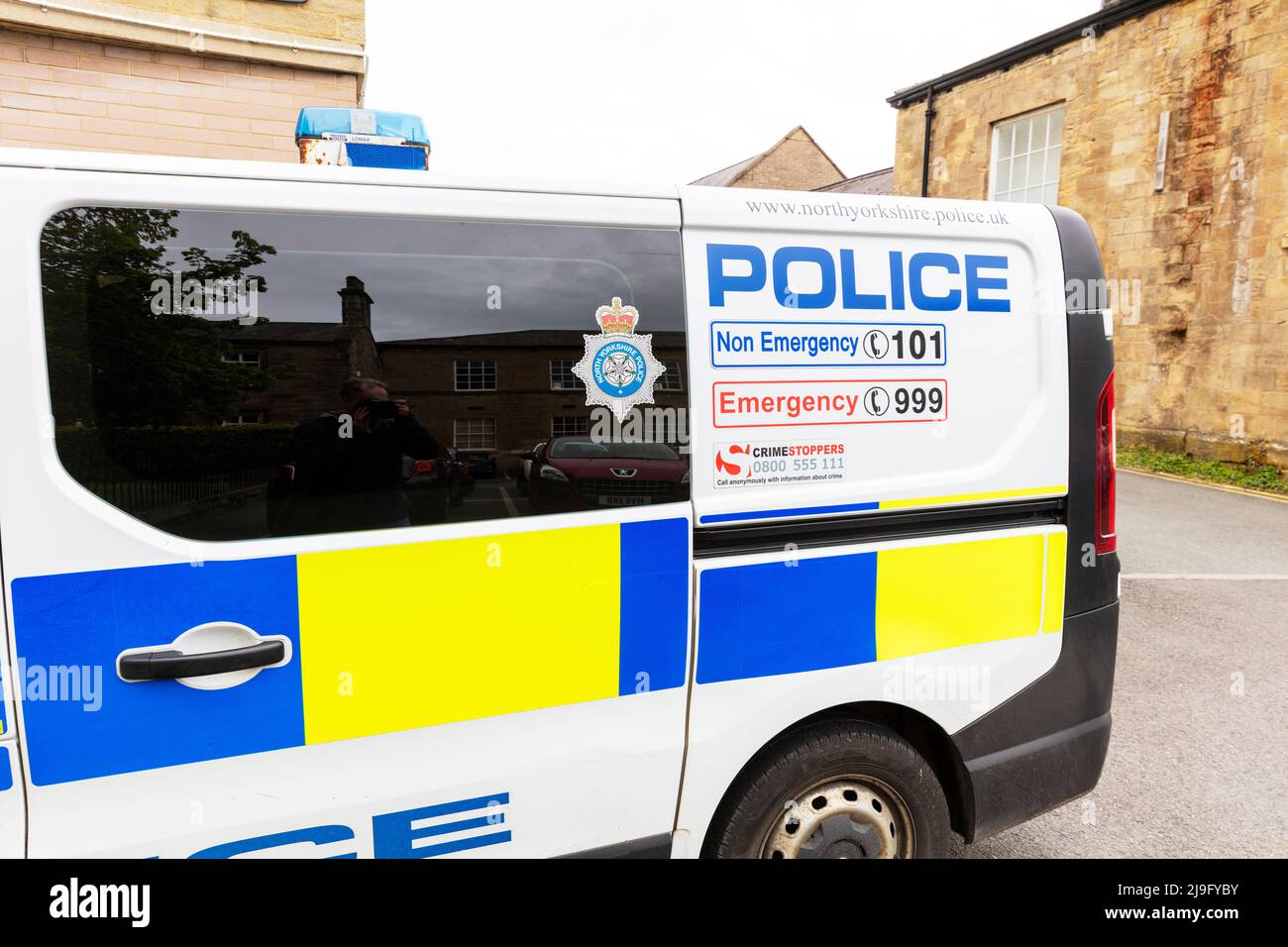 North Yorkshire police,police,police sign,police UK,UK police,Knaresborough Town, Yorkshire, UK, England,police van,riot van,police vehicle,van,sign, Stock Photo