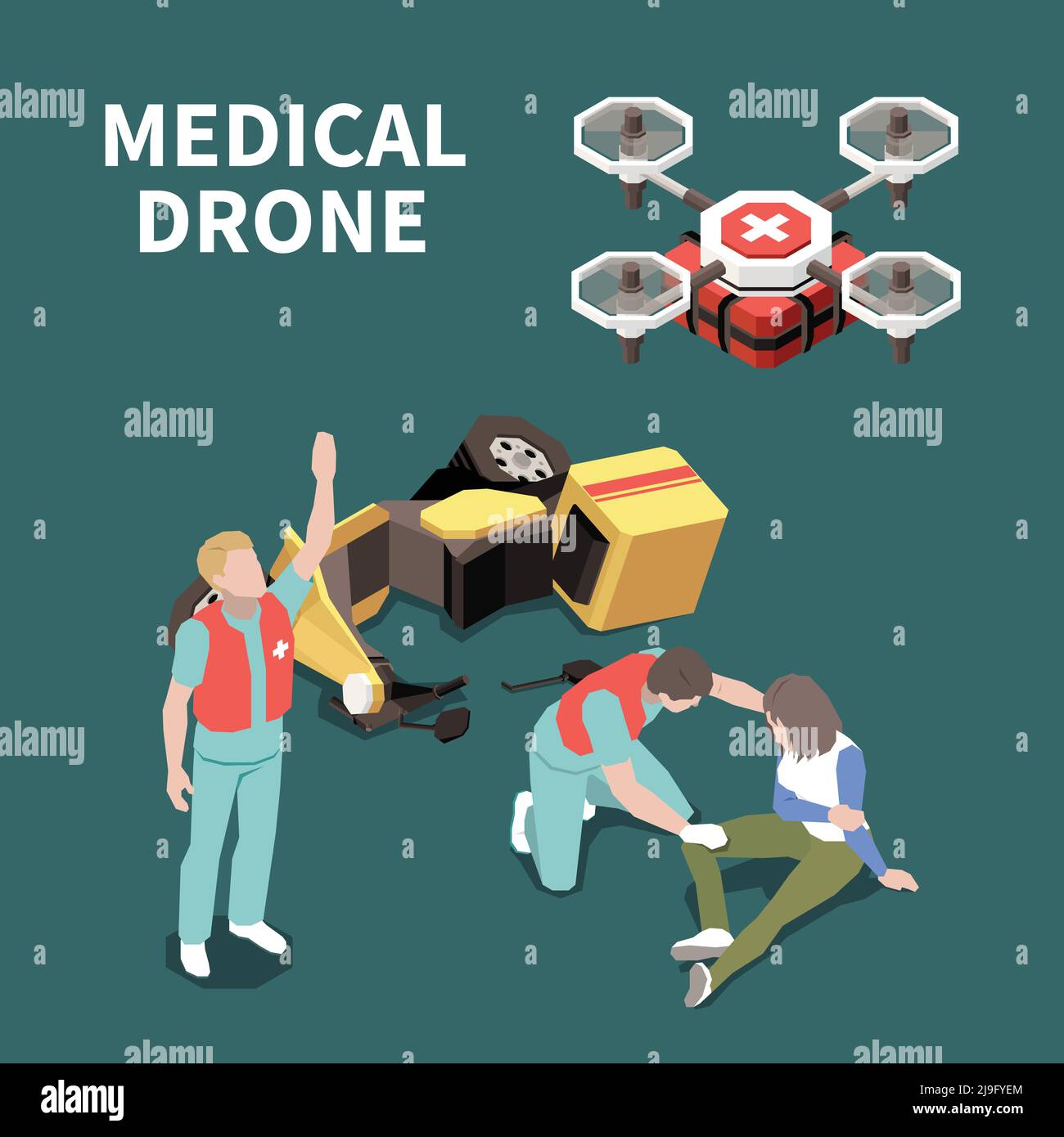 First aid isometric composition with injured woman medical drone and ...