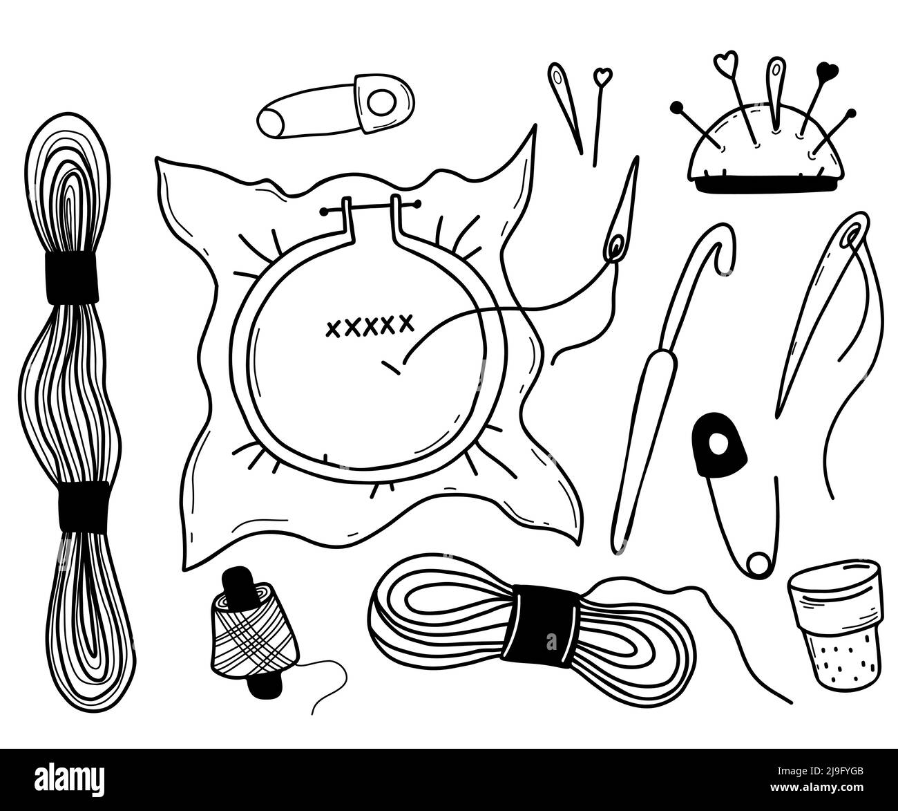 Set of vector tools for embroidery. Skein of yarn and floss, thread and  spool, hand knitting, pin and needle, hook and hoop with embroidery,  thimble Stock Vector Image & Art - Alamy