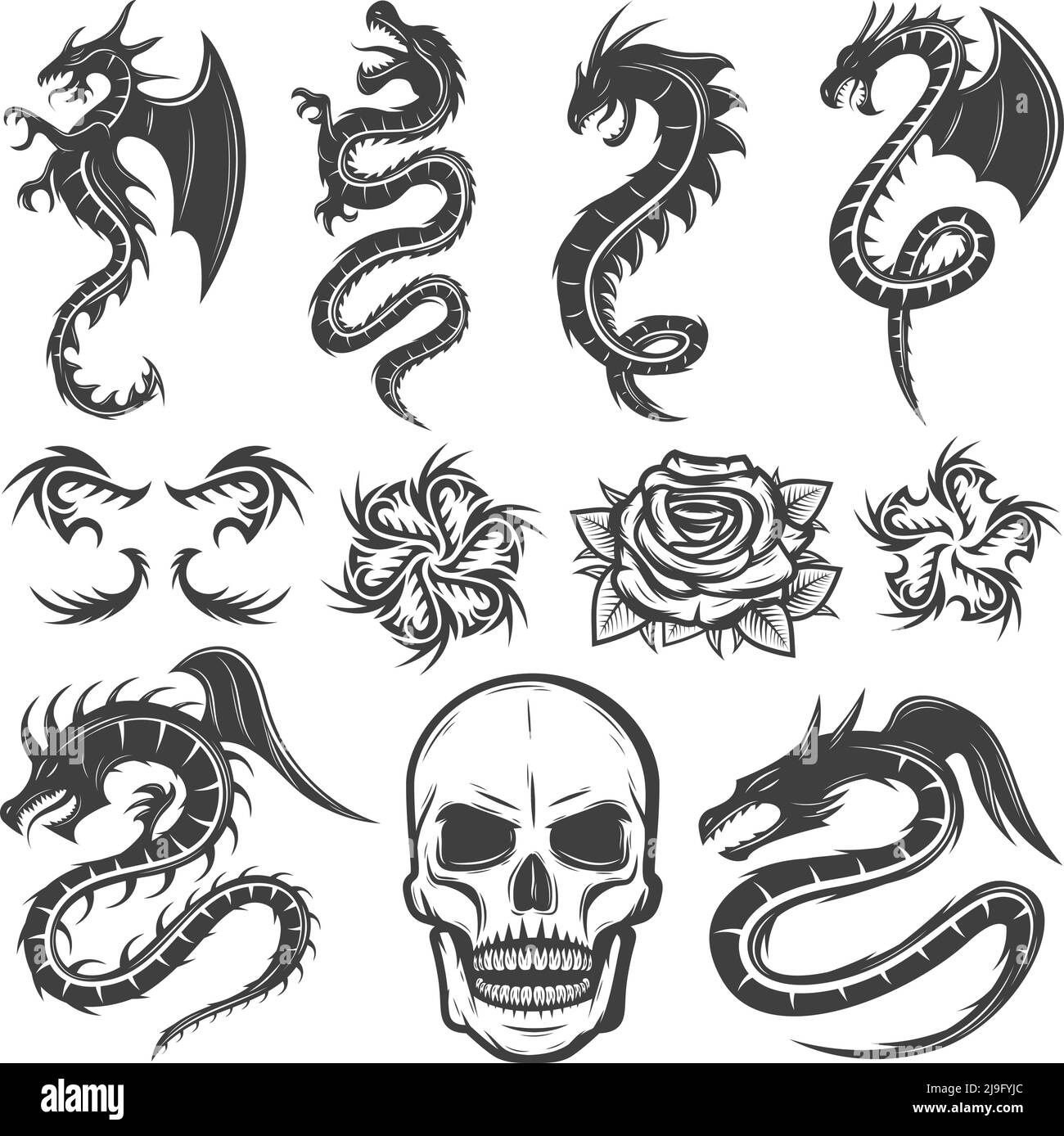 Vintage monochrome tattoos collection with fantasy dragons flowers and skull isolated vector illustration Stock Vector