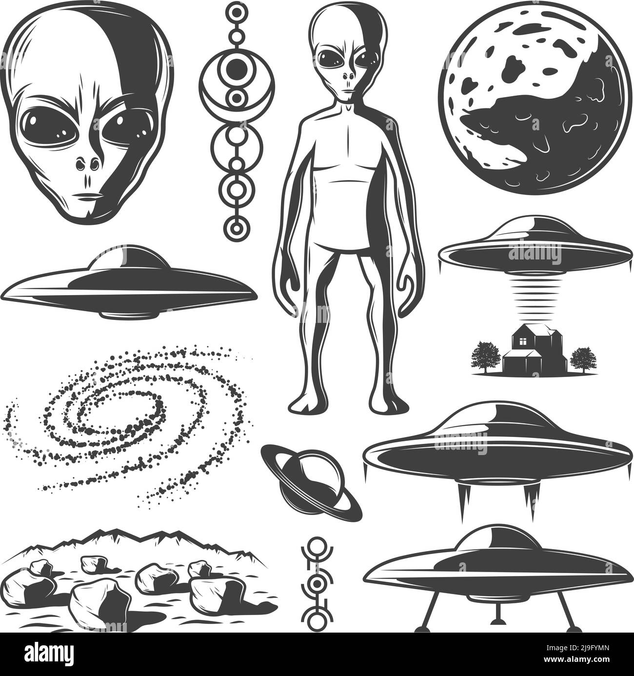 Vintage monochrome UFO elements set with extraterrestrials planet surface landscape galaxy alien ships human abducting from house isolated vector illu Stock Vector