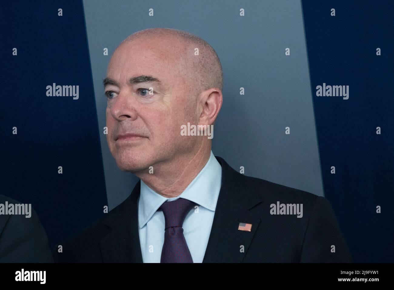 United States Secretary of Homeland Security Alejandro Mayorkas participates in a news briefing at the White House in Washington, DC, May 16, 2022. Credit: Chris Kleponis/CNP Stock Photo