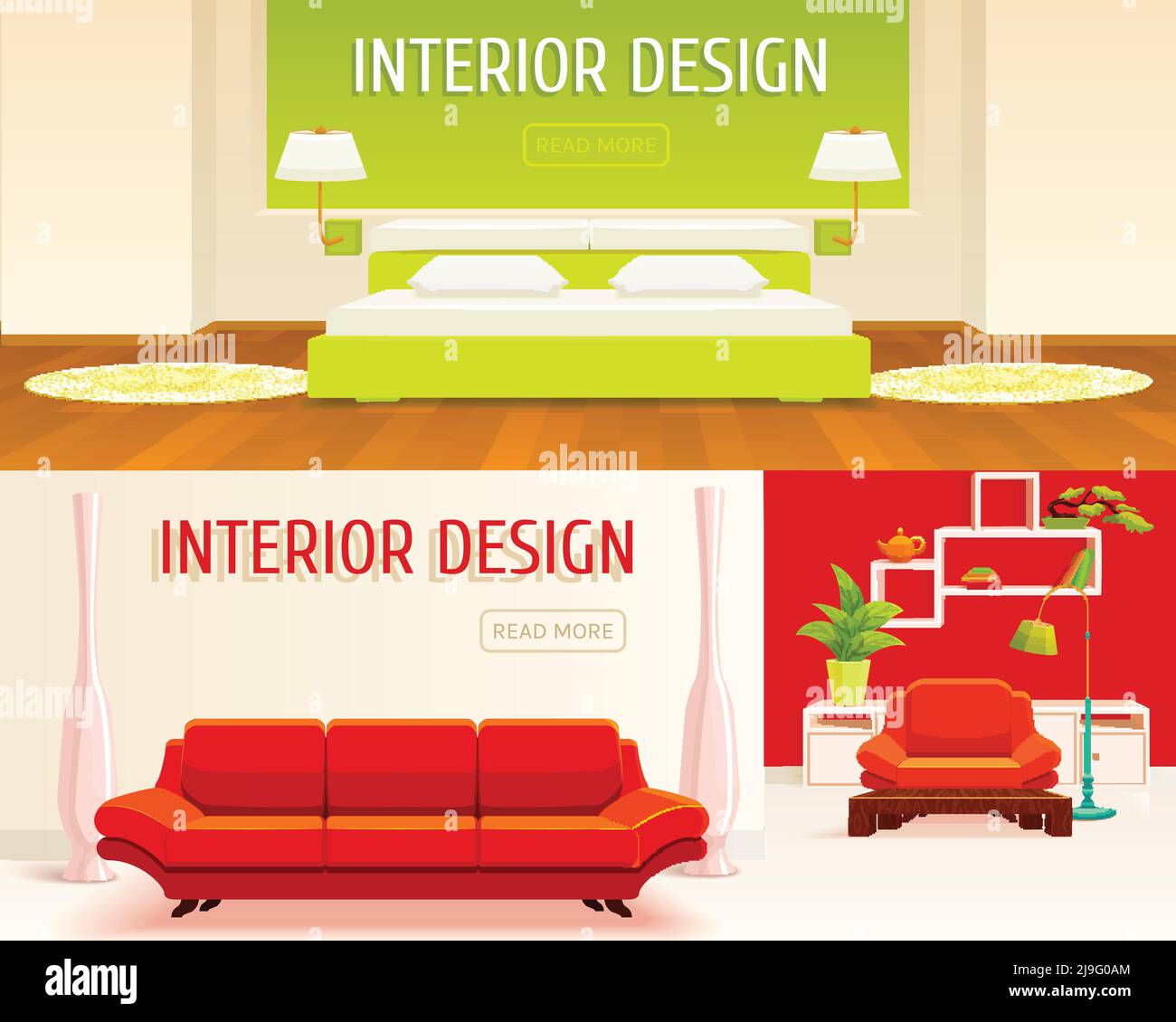 Two horizontal banners set with stylized decorative furniture and ...