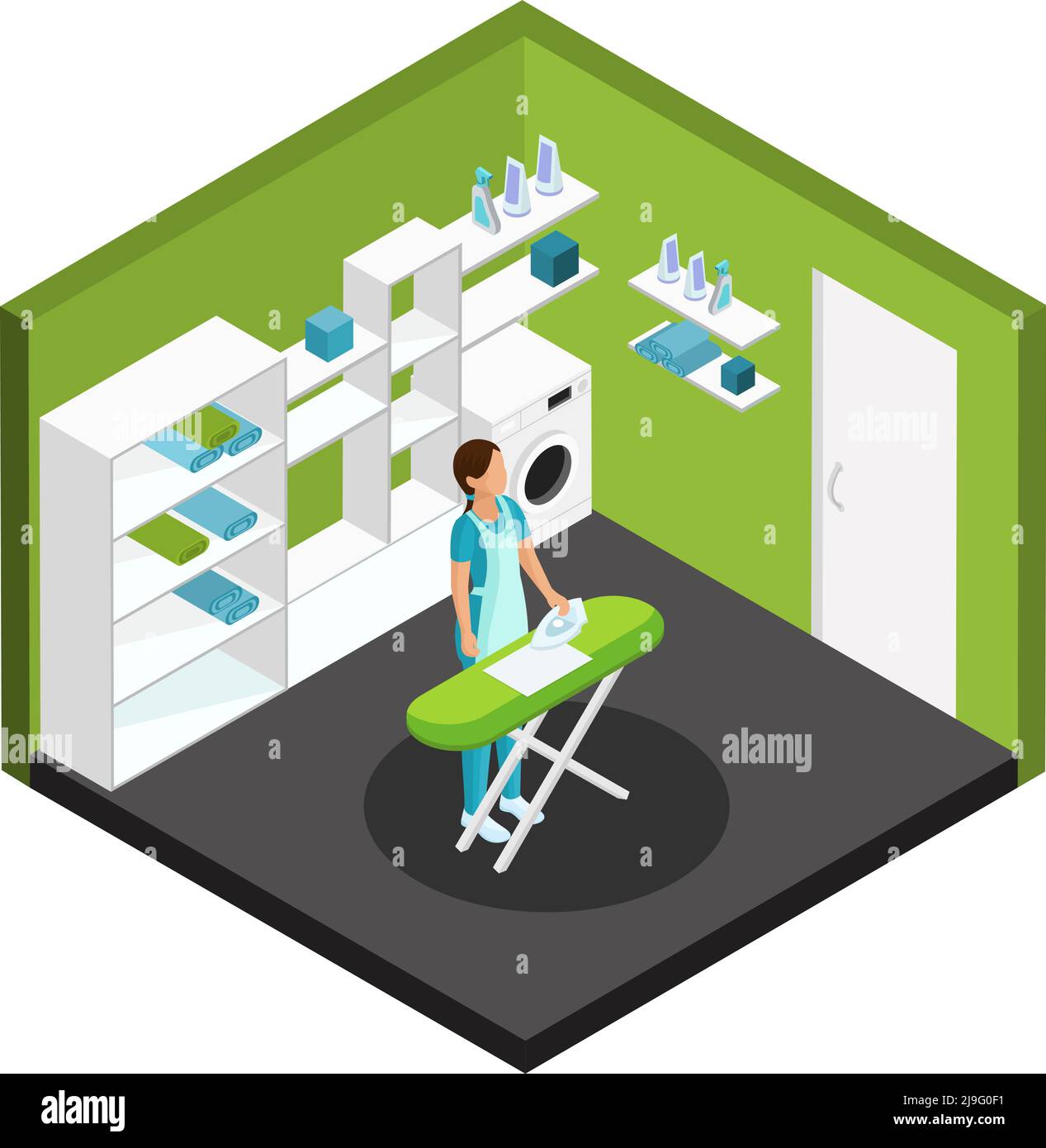 Isometric professional cleaning service template with woman ironing ...
