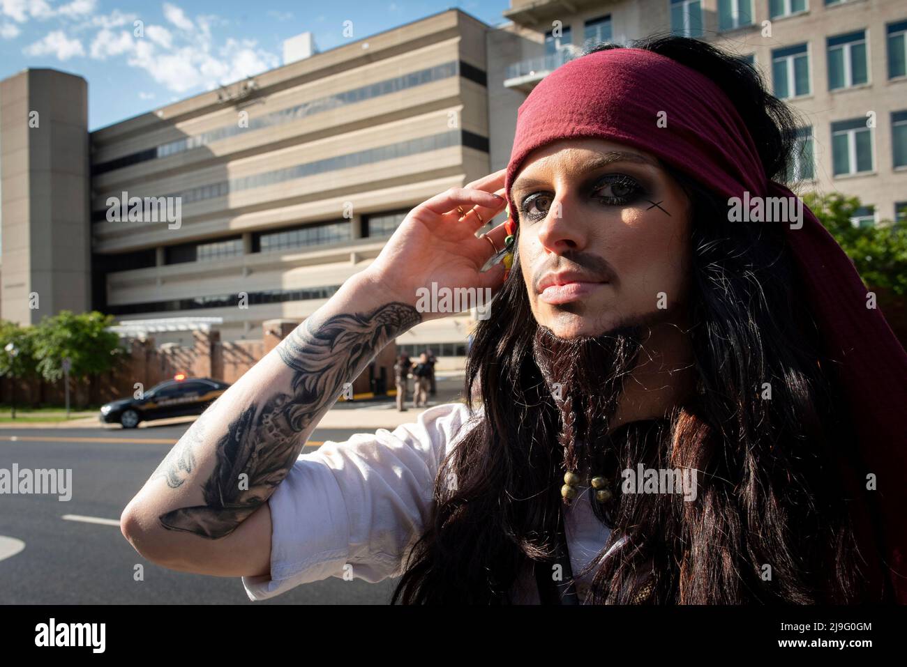 Captain Jack Sparrow, Haley Walz, 27, of East Liverpool, Ohio, drove five-hours today to see Johnny Depp depart the Fairfax County Courthouse, in Fairfax, during his civil trial with Amber Heard, Monday, May 16, 2022. She is driving back home this evening. Depp brought a defamation lawsuit against his former wife, actress Amber Heard, after she wrote an op-ed in The Washington Post in 2018 that, without naming Depp, accused him of domestic abuse. Credit: Cliff Owen/CNP Stock Photo