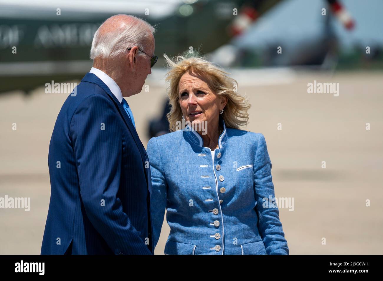 US President Joe Biden talks with First Lady Jill Biden before she boards her plane at Joint Base Andrews in Maryland, USA 18 May 2022. The First Lady is departing on a trip to Ecuador. Credit: Shawn Thew/Pool via CNP Stock Photo