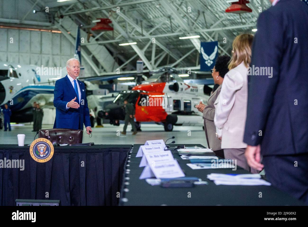 US President Joe Biden delivers remarks prior to a briefing on interagency efforts to prepare for and respond to hurricanes this season at Joint Base Andrews in Maryland, USA 18 May 2022. Credit: Shawn Thew/Pool via CNP Stock Photo