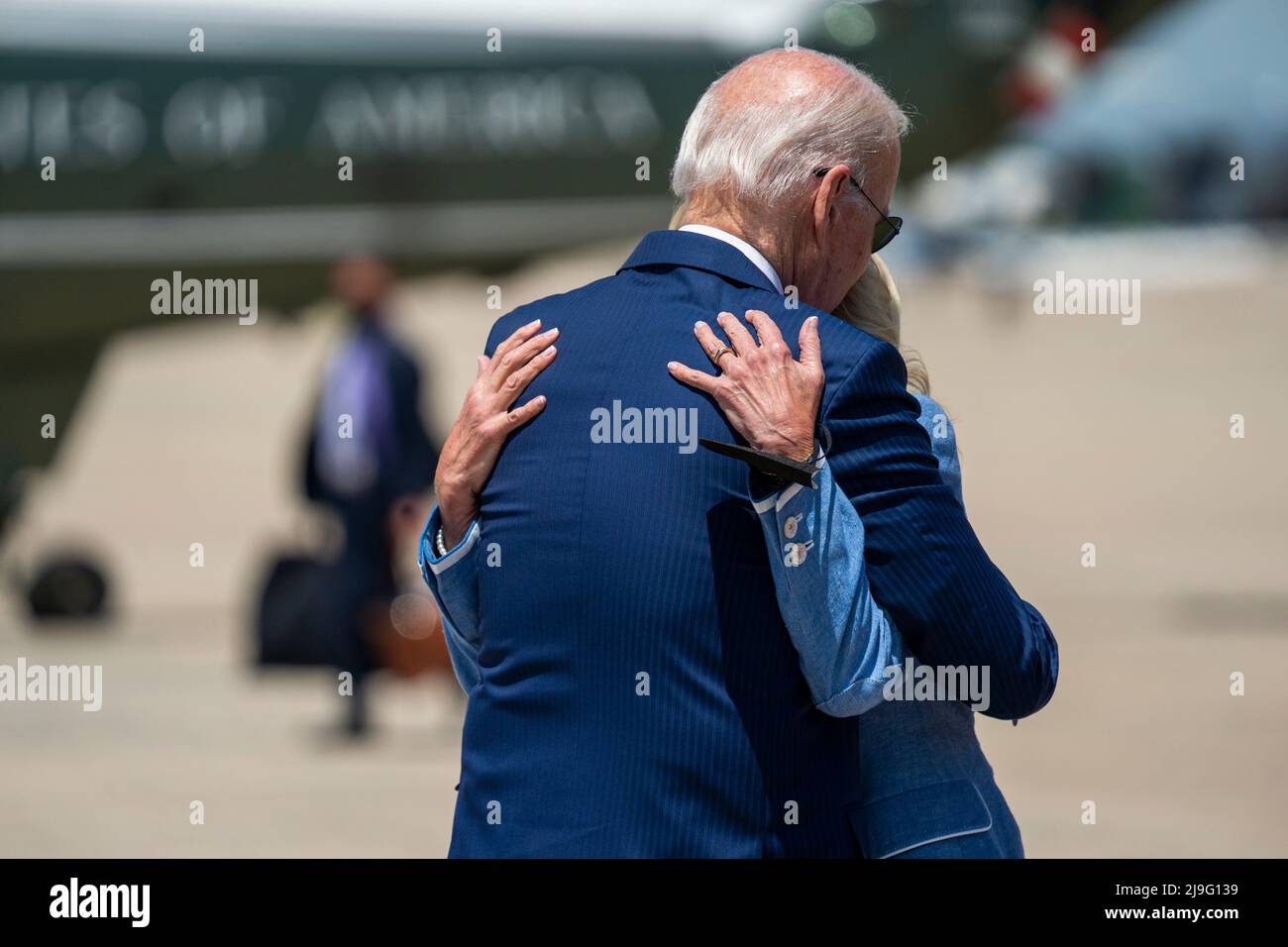 US President Joe Biden and First Lady Jill Biden embrace before she boards her plane at Joint Base Andrews in Maryland, USA 18 May 2022. The First Lady is departing on a trip to Ecuador. Credit: Shawn Thew/Pool via CNP Stock Photo